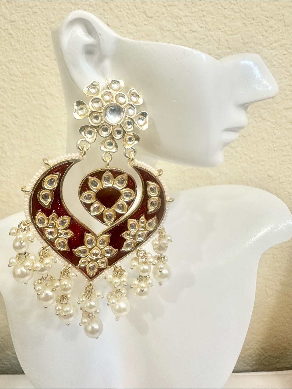 4.25” Gold-Plated Candy Apple Red Enamel Chandbali Earrings with Pearl Drops